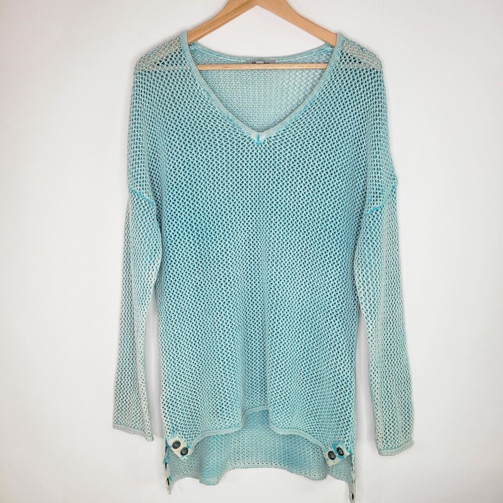 PBJ BLUES Blue Open Knit Top Size L Longline Cotton Vintage Wash Bohemian Net